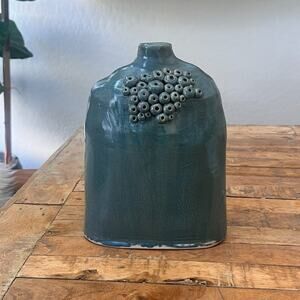 Studio Art Pottery Ceramic Vase 10.5" Deep Rustic Blue Green Glaze Brutalist